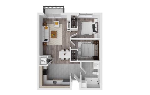 a 3d floor plan of a bedroom with a bathroom and a living room